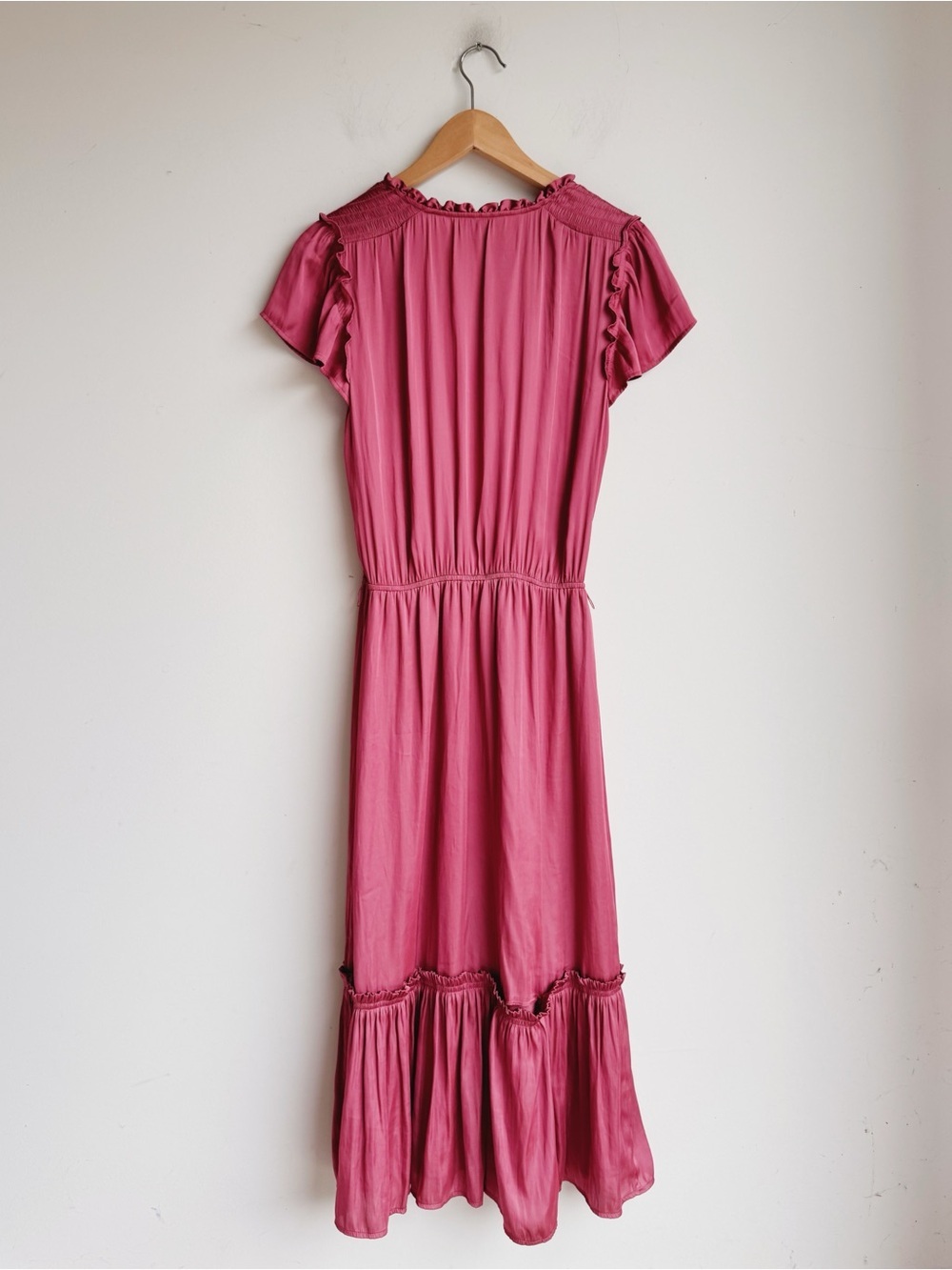 PAIGE Laramie Midi Dress Pink Satin Ruffle Midi Dress XS - Picture 6 of 6